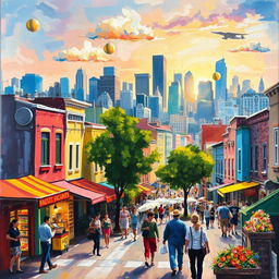 An impressionist painting capturing a bustling cityscape with colorful buildings, lively streets, and diverse people going about their daily activities