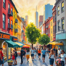 An impressionist painting capturing a bustling cityscape with colorful buildings, lively streets, and diverse people going about their daily activities