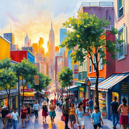 An impressionist painting capturing a bustling cityscape with colorful buildings, lively streets, and diverse people going about their daily activities