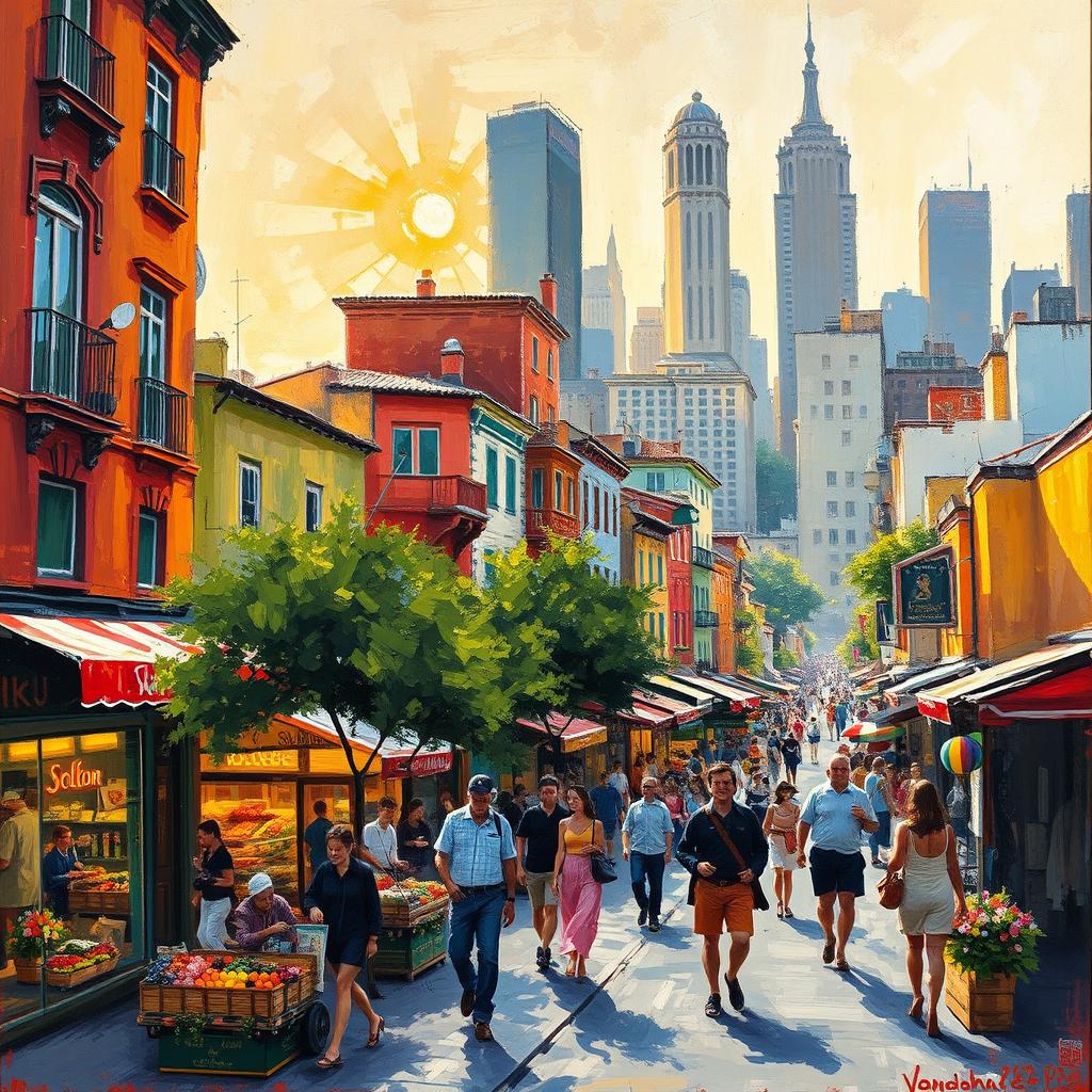 An impressionist painting capturing a bustling cityscape with colorful buildings, lively streets, and diverse people going about their daily activities