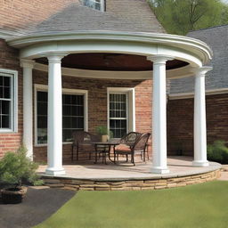 A 12x12 patio featuring cylindrical columns supporting a roof extension of 3 feet at the front side of a house.