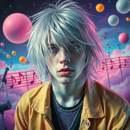 A surrealistic portrayal of a new wave musician inspired by Kurt Cobain, featuring him with striking silver hair