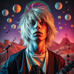A surrealistic portrayal of a new wave musician inspired by Kurt Cobain, featuring him with striking silver hair