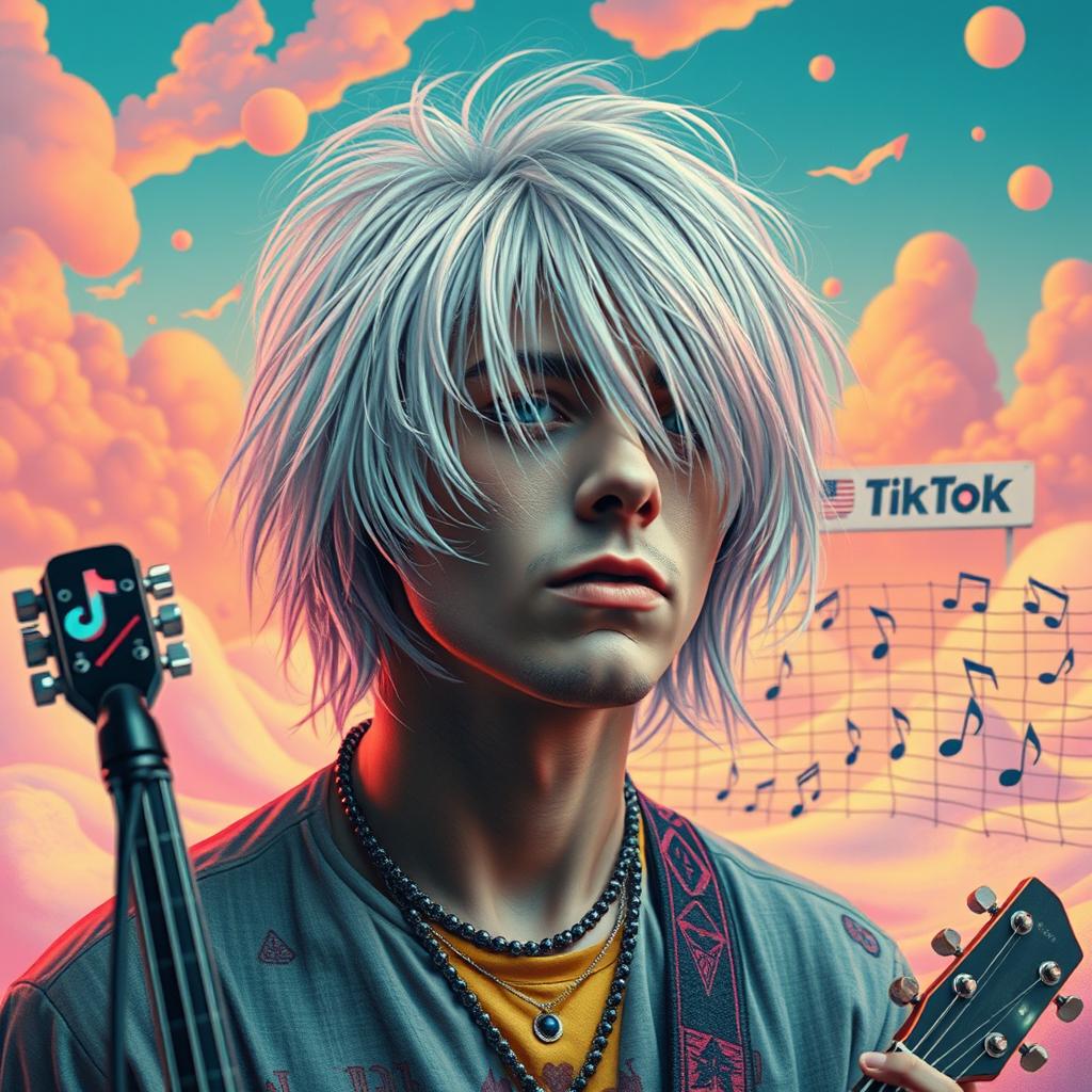 A surrealistic portrayal of a new wave musician inspired by Kurt Cobain, featuring him with striking silver hair