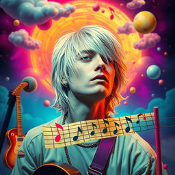 A surrealistic portrayal of a new wave musician inspired by Kurt Cobain, featuring him with striking silver hair