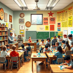 A vibrant classroom scene that embodies the principles of idealism and pragmatism in education philosophy