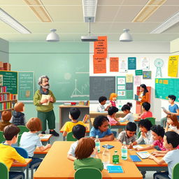 A vibrant classroom scene that embodies the principles of idealism and pragmatism in education philosophy