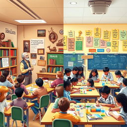 A vibrant classroom scene that embodies the principles of idealism and pragmatism in education philosophy