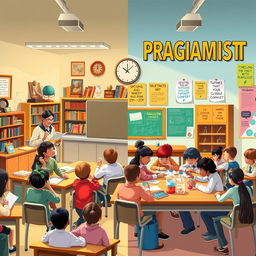 A vibrant classroom scene that embodies the principles of idealism and pragmatism in education philosophy