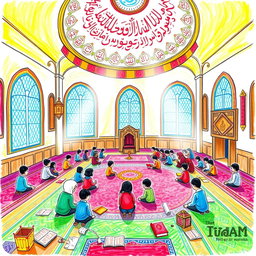 A vibrant children's drawing depicting the Islamic Itikaf ceremony in an Iranian mosque