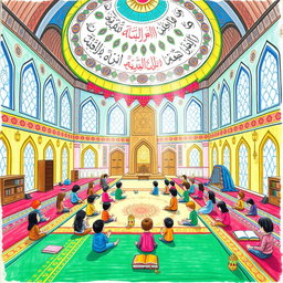A vibrant children's drawing depicting the Islamic Itikaf ceremony in an Iranian mosque