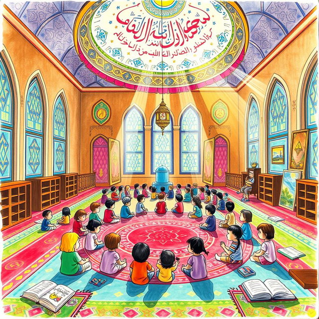 A vibrant children's drawing depicting the Islamic Itikaf ceremony in an Iranian mosque