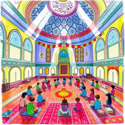 A vibrant children's drawing depicting the Islamic Itikaf ceremony in an Iranian mosque