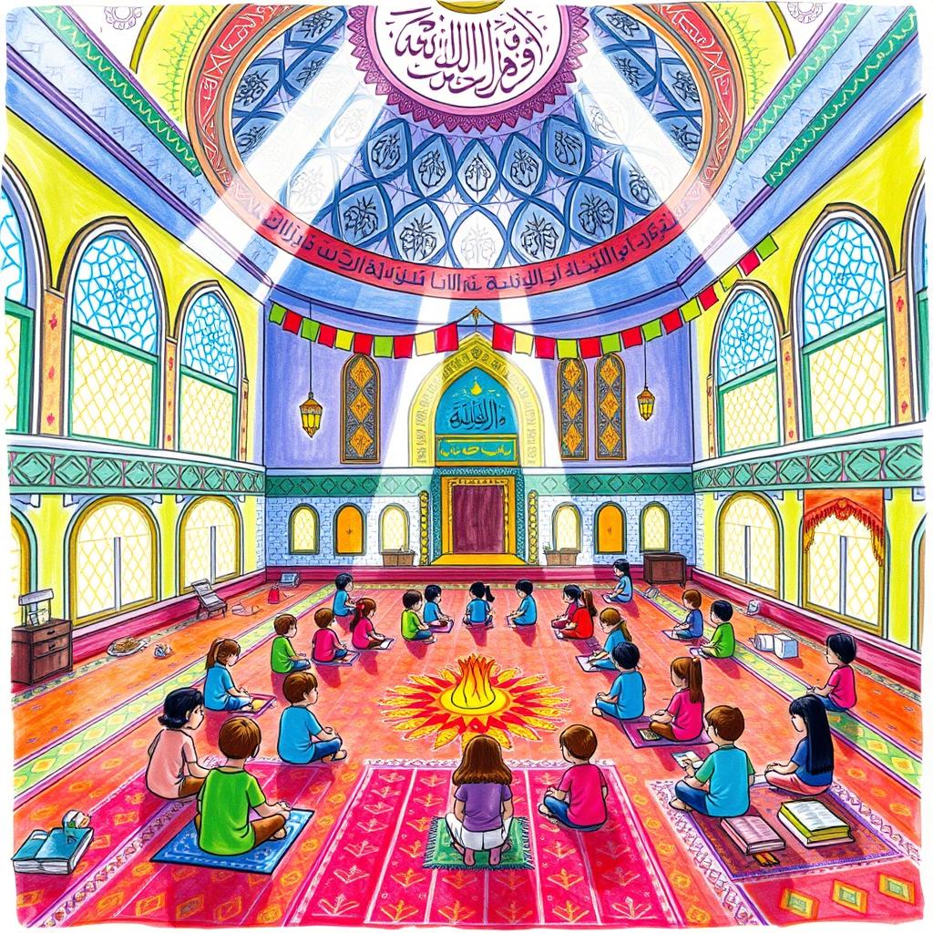 A vibrant children's drawing depicting the Islamic Itikaf ceremony in an Iranian mosque