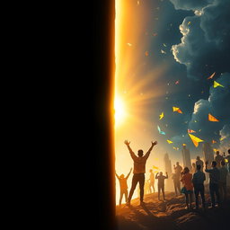 A dramatic depiction of a transition from darkness to brightness, symbolizing transformation