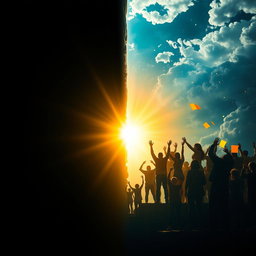 A dramatic depiction of a transition from darkness to brightness, symbolizing transformation