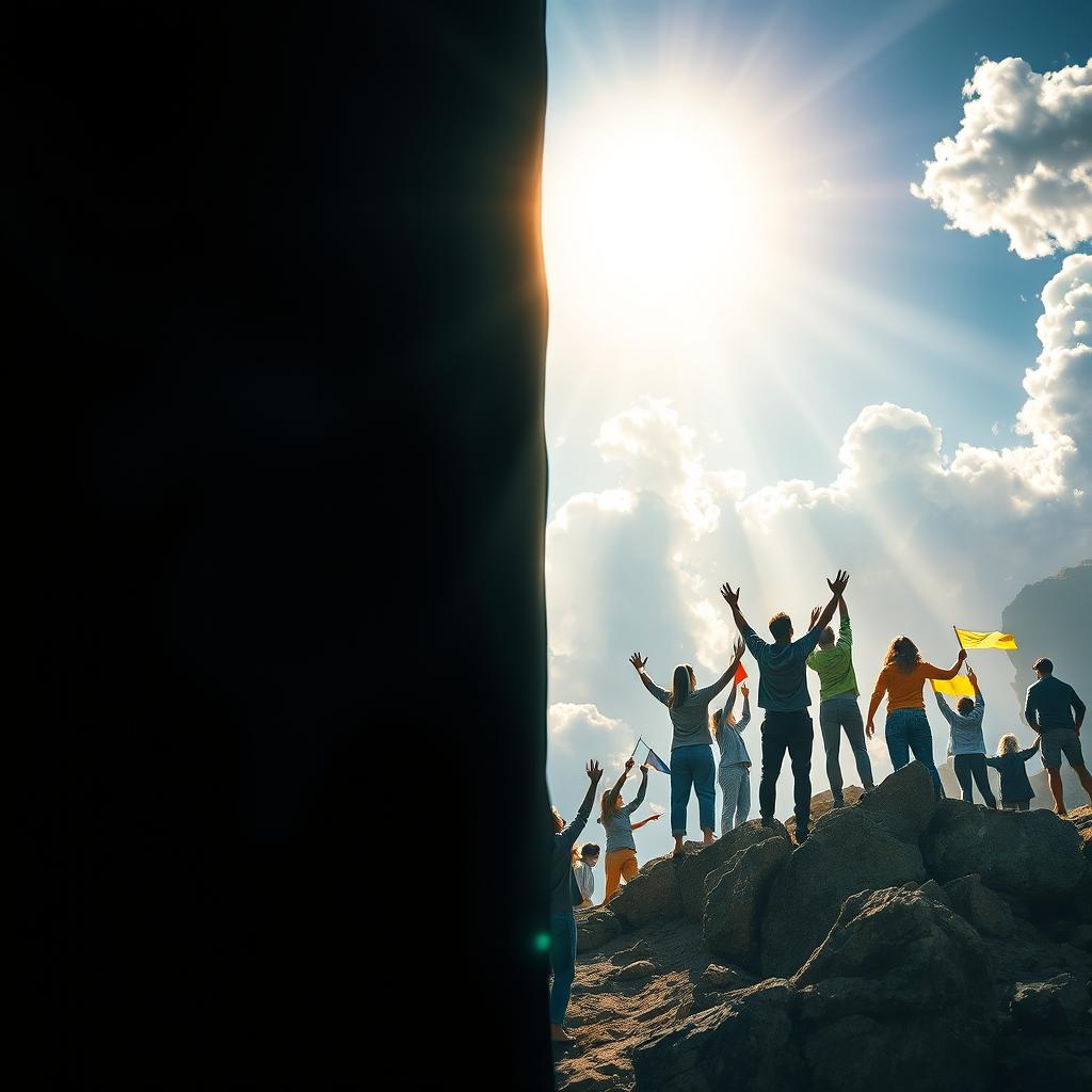 A dramatic depiction of a transition from darkness to brightness, symbolizing transformation