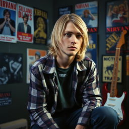 A portrait of Kurt Cobain, the iconic lead singer of Nirvana, showcasing his signature blonde hair and grunge style