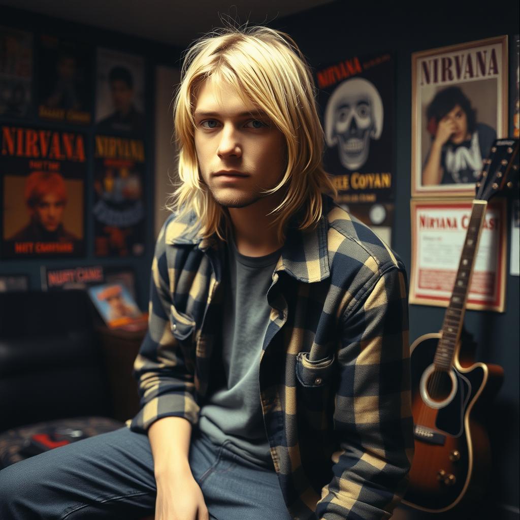 A portrait of Kurt Cobain, the iconic lead singer of Nirvana, showcasing his signature blonde hair and grunge style