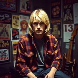 A portrait of Kurt Cobain, the iconic lead singer of Nirvana, showcasing his signature blonde hair and grunge style