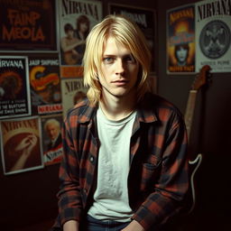 A portrait of Kurt Cobain, the iconic lead singer of Nirvana, showcasing his signature blonde hair and grunge style