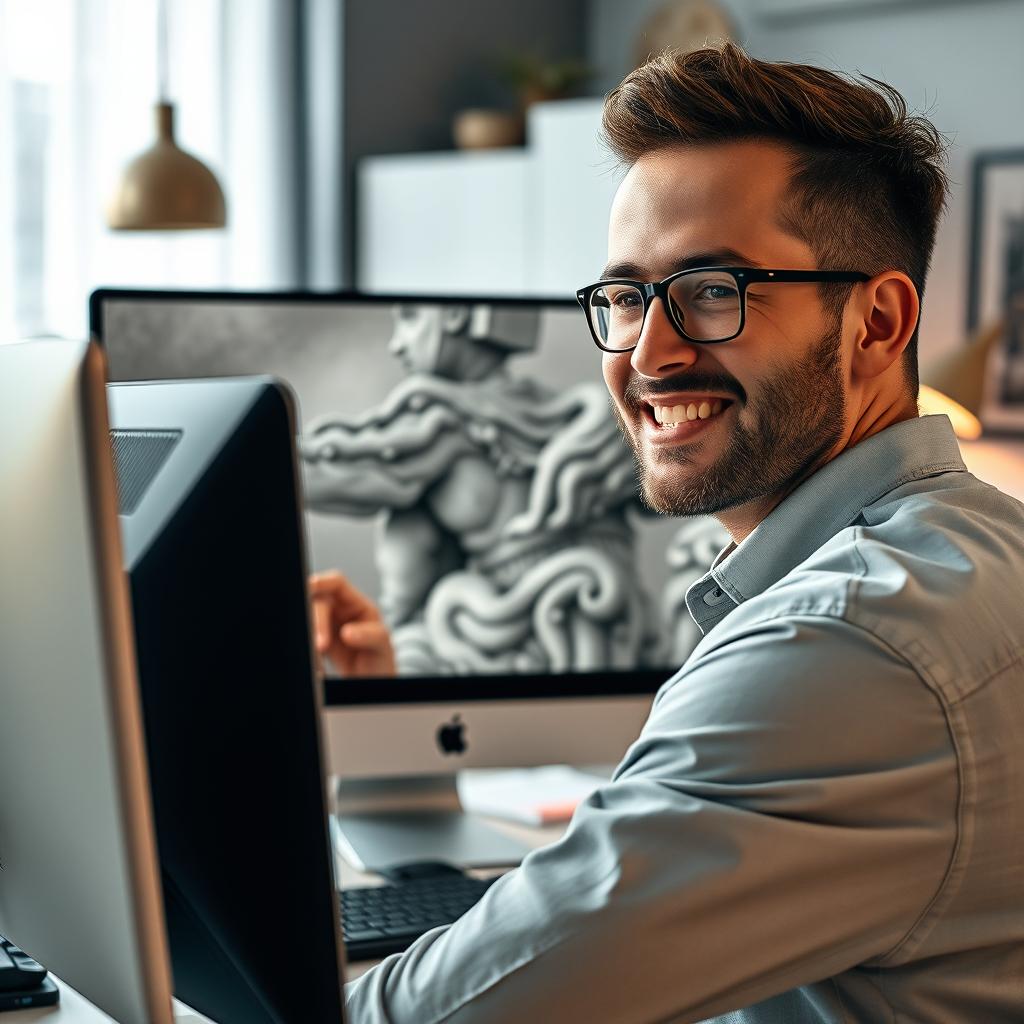 An artistic representation featuring an intricate detail of a confident professional removing a complex background from an image on a high-resolution computer screen