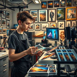 A detailed representation of a photo technician at work in a modern photo lab