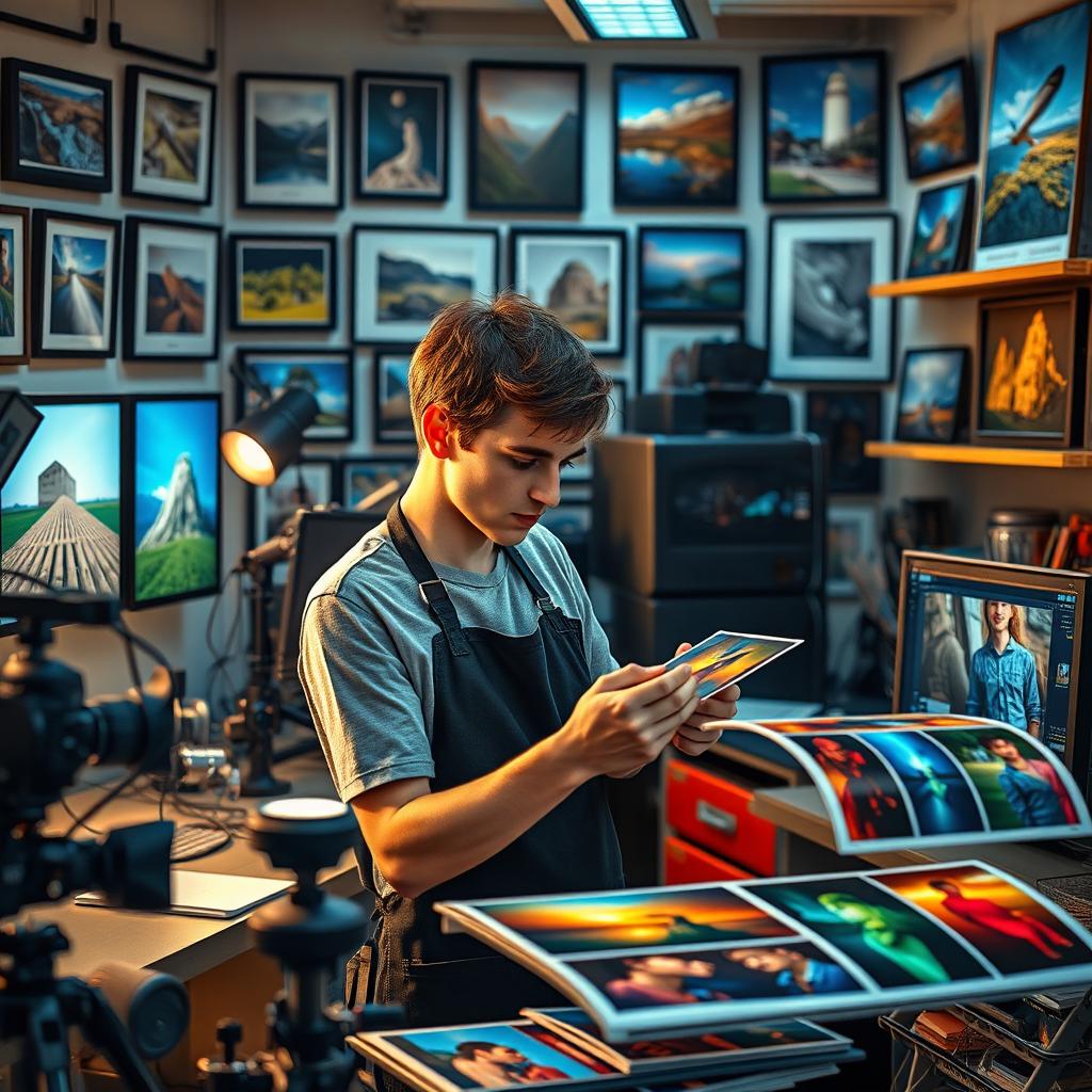 A detailed representation of a photo technician at work in a modern photo lab
