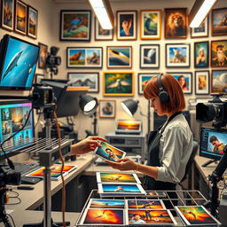 A detailed representation of a photo technician at work in a modern photo lab