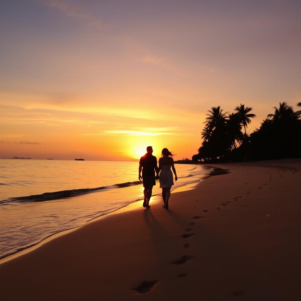 A serene sunset over a calm beach, with gentle waves lapping at the shore