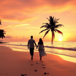 A serene sunset over a calm beach, with gentle waves lapping at the shore