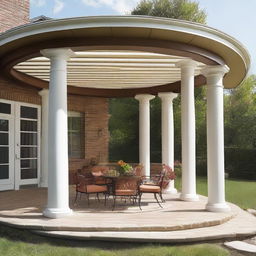 A 12x12 patio featuring cylindrical columns supporting a roof extension of 3 feet at the front side of a house.