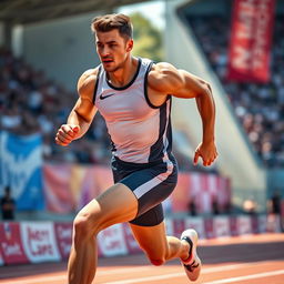 A dynamic and powerful portrait of a male athlete in action, showcasing his athletic physique and determination