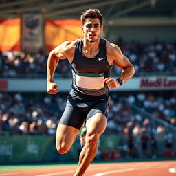 A dynamic and powerful portrait of a male athlete in action, showcasing his athletic physique and determination