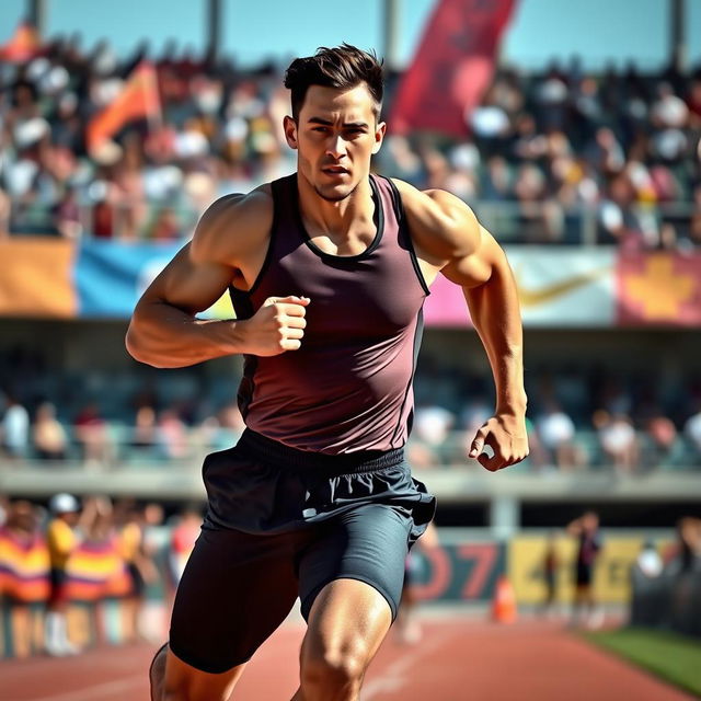A dynamic and powerful portrait of a male athlete in action, showcasing his athletic physique and determination