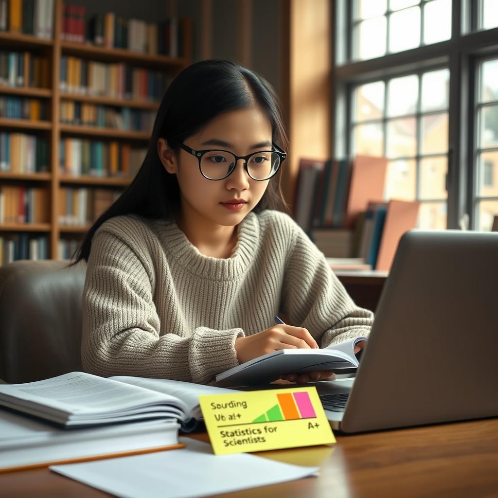 An academic scene featuring a determined student studying hard for exams in a cozy library