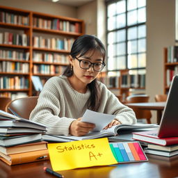 An academic scene featuring a determined student studying hard for exams in a cozy library
