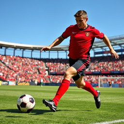 A dynamic and energetic soccer player showcasing incredible athleticism, mid-action during a game