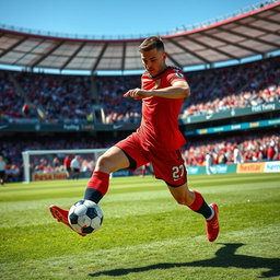 A dynamic and energetic soccer player showcasing incredible athleticism, mid-action during a game