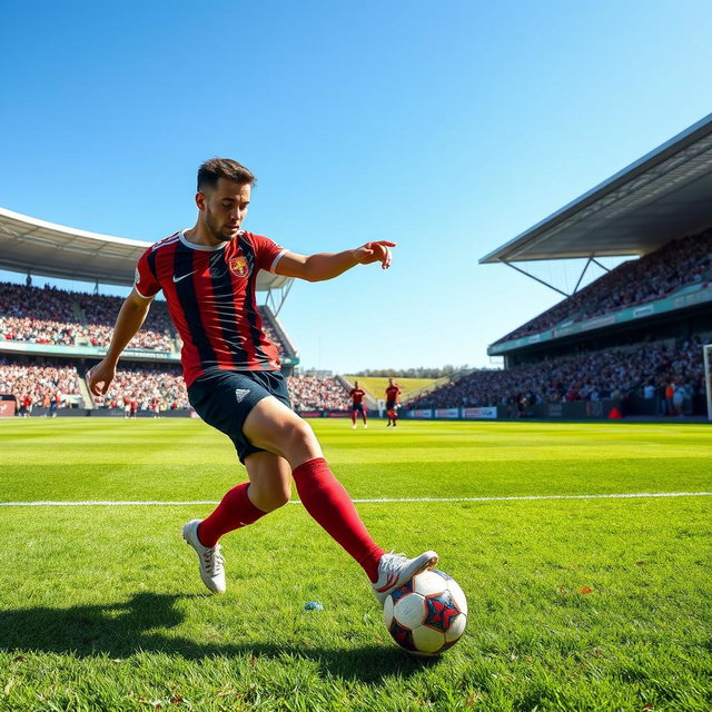 A dynamic and energetic soccer player showcasing incredible athleticism, mid-action during a game