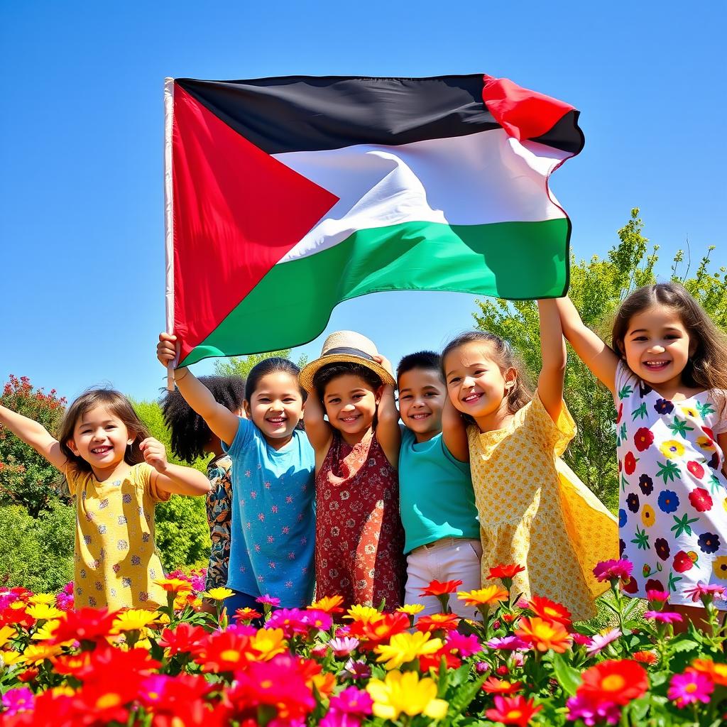 A group of happy children holding the Palestinian flag, smiling and playing together in a vibrant and sunny park
