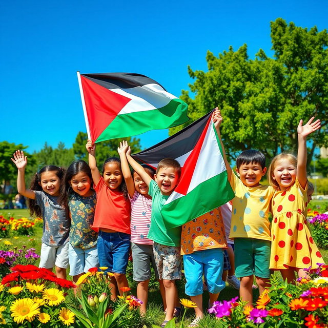 A group of happy children holding the Palestinian flag, smiling and playing together in a vibrant and sunny park
