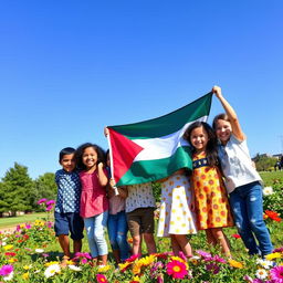 A group of happy children holding the Palestinian flag, smiling and playing together in a vibrant and sunny park