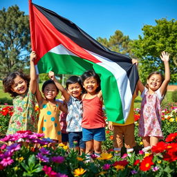 A group of happy children holding the Palestinian flag, smiling and playing together in a vibrant and sunny park