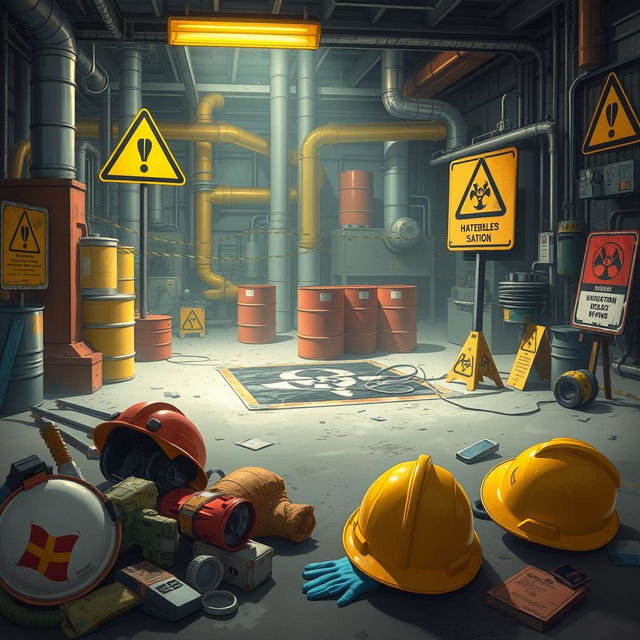 A detailed illustration of a hazardous area, featuring bright warning signs, protective gear like helmets and gloves, and various safety equipment scattered around