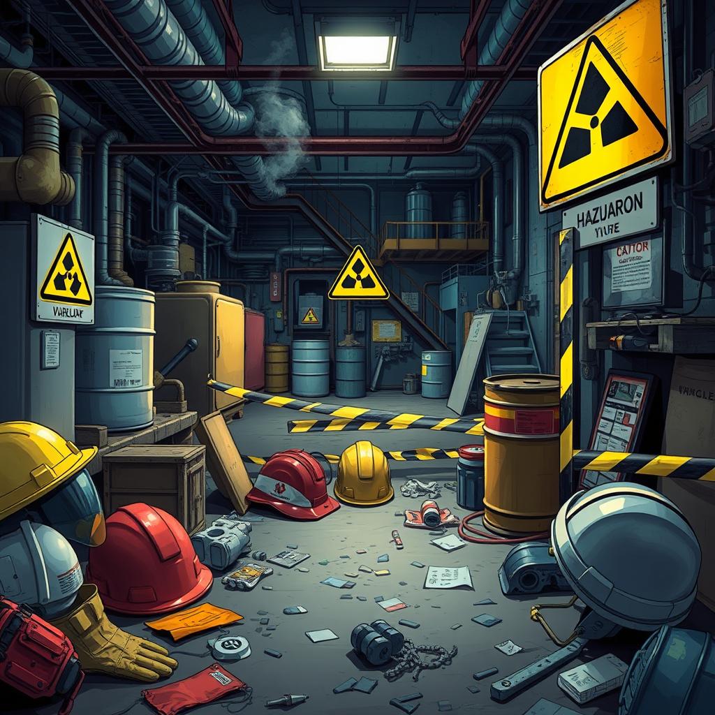 A detailed illustration of a hazardous area, featuring bright warning signs, protective gear like helmets and gloves, and various safety equipment scattered around