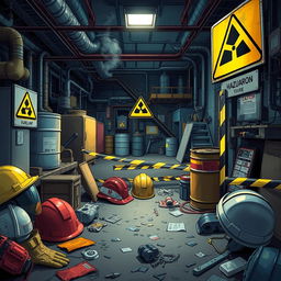 A detailed illustration of a hazardous area, featuring bright warning signs, protective gear like helmets and gloves, and various safety equipment scattered around