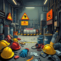 A detailed illustration of a hazardous area, featuring bright warning signs, protective gear like helmets and gloves, and various safety equipment scattered around