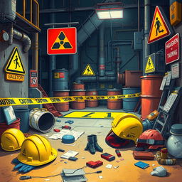 A detailed illustration of a hazardous area, featuring bright warning signs, protective gear like helmets and gloves, and various safety equipment scattered around