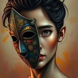 A detailed and artistic interpretation of a person wearing a creatively designed mask that partially covers the nose and right cheek
